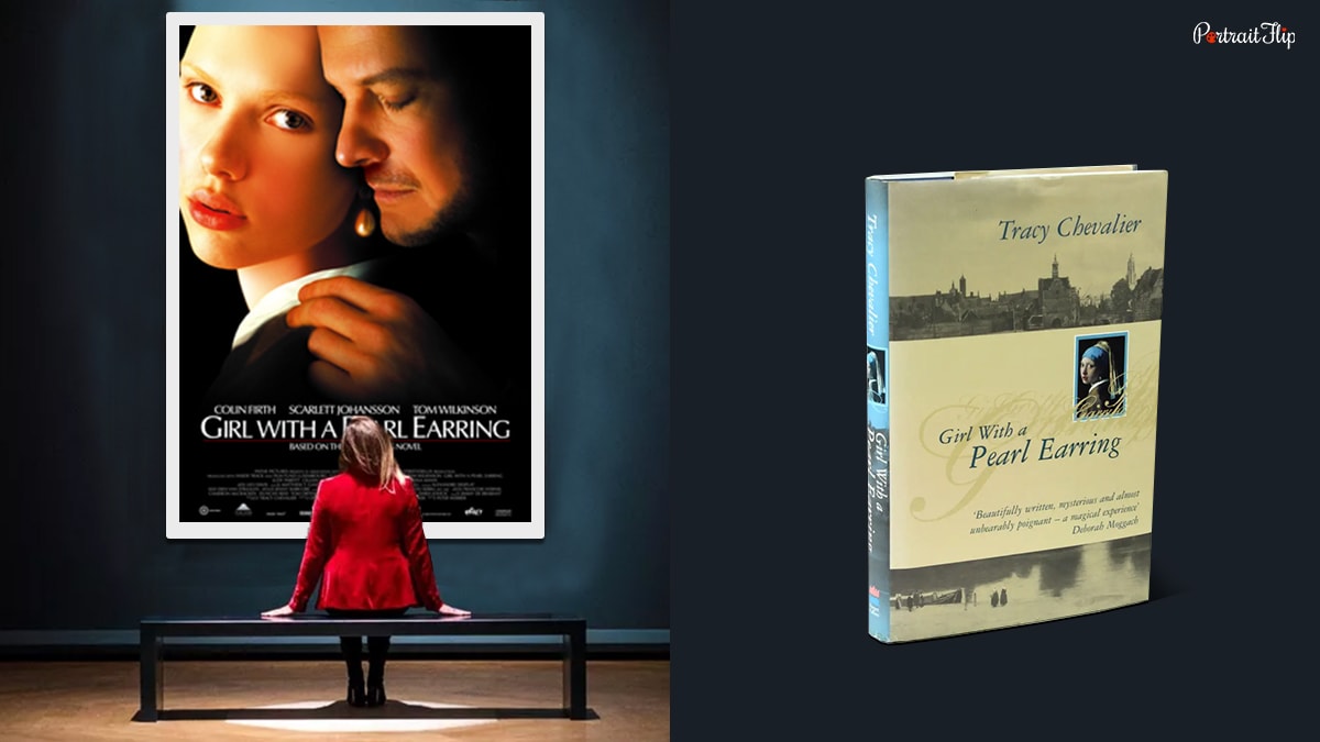The novel Girl with a pearl earring alongside the movie poster of Gil with a pearl earring. 