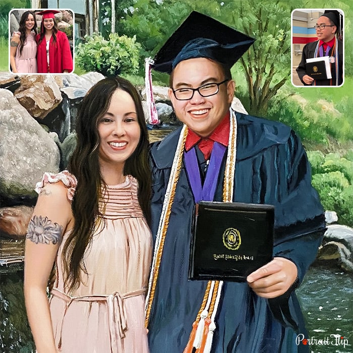 Compilation picture where a man and a woman are placed next to each other is graduation portraits