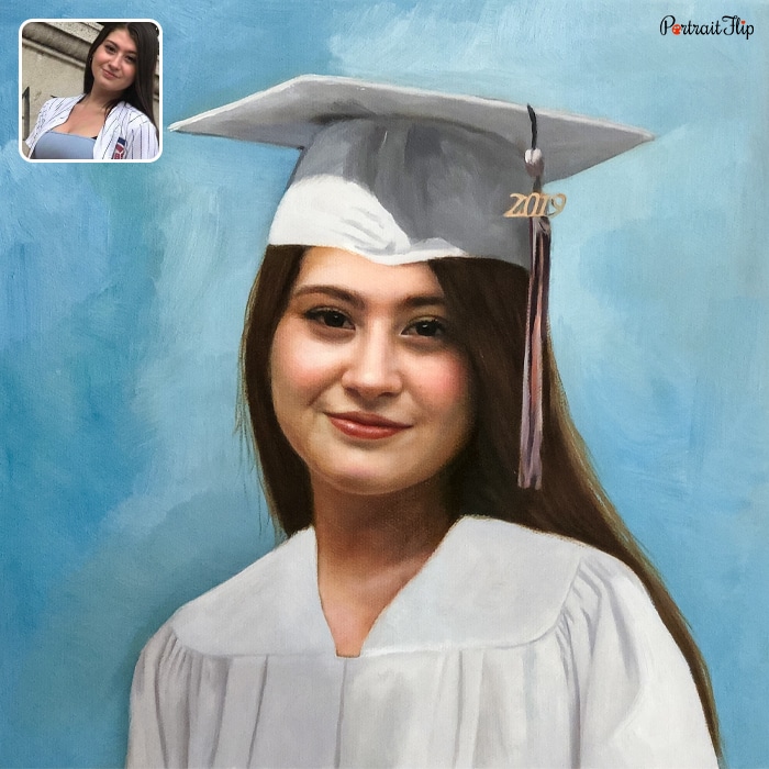 Picture of a girl with 2019 mark on his graduation cap is converted into graduation portraits