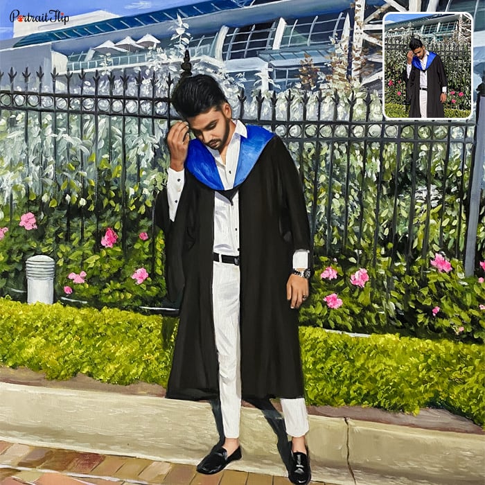 Picture of a man standing in graduation outfit which is converted into graduation portraits