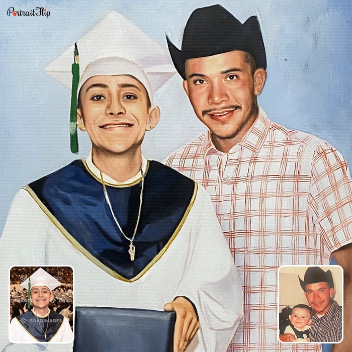 Compilation pictures where a man is standing behind a boy is graduation portraits