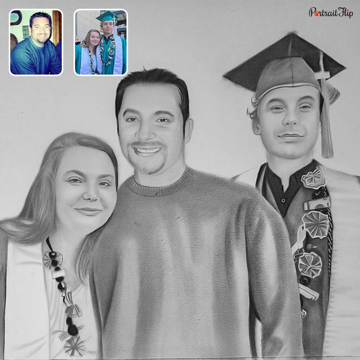 Black and white graduation portraits that show a woman on the left and a man standing next to her, along with a man standing behind them