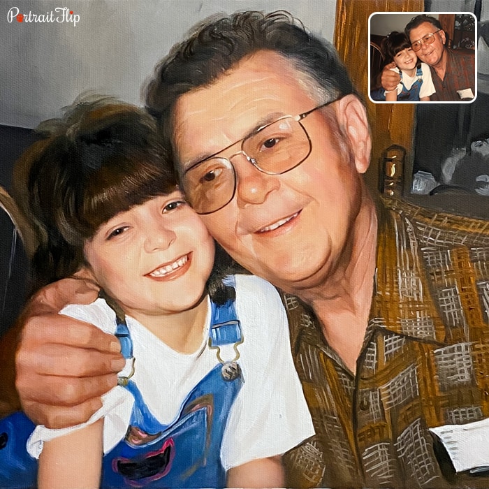 Acrylic painting of a girl and an old man sitting close to her with his one arm around the girl