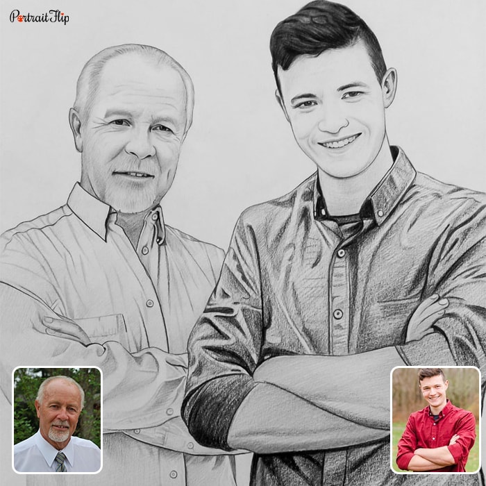 Pencil painting that shows an old man and a young man standing next to each other