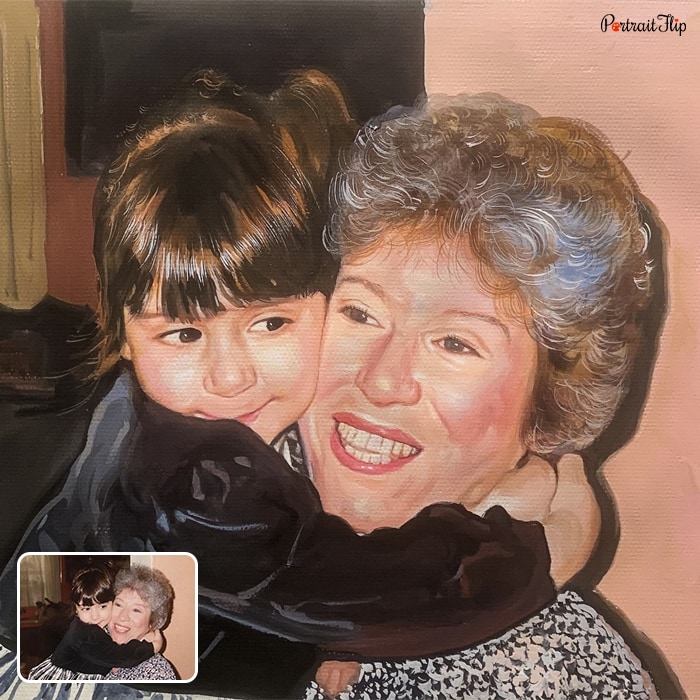 Painting of a girl hugging an old woman