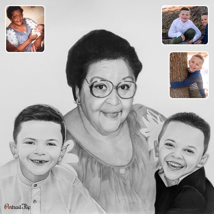 Compilation picture of an old woman and two boys placed beside her