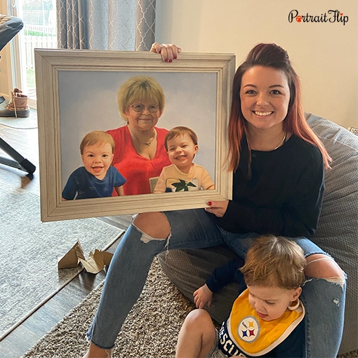 Picture of a woman holding Grandparents and Grandchildren Portraits that show an old lady with two boys beside her