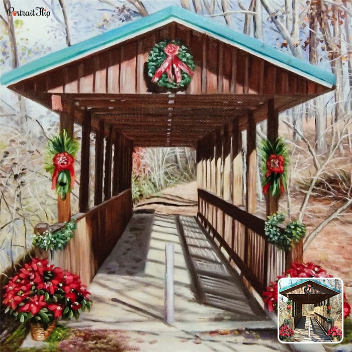 Picture of a wooden covered bridge with flowers placed over them