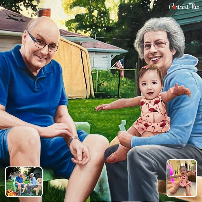 Compilation of pictures where a baby girl is on old woman’s lap along with an old man beside them, with a glimpse of their home in background