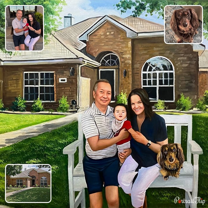 Compilation picture of a couple sitting on a bench with a baby in between and a dog beside them in front of their house