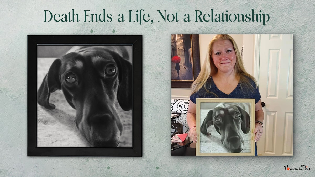 Woman holding a pet memorial portrait incorporating a lost loved one in family pictures