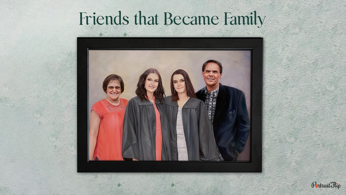 Two ladies standing between a man and a woman incorporating a lost loved one in family pictures