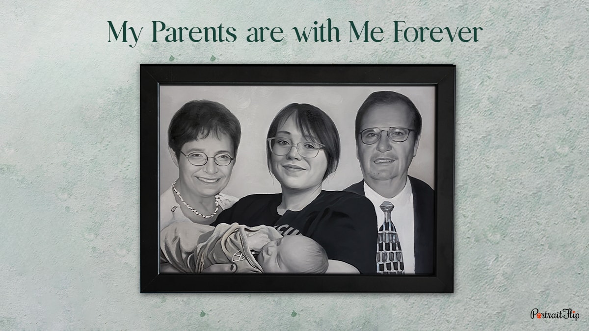 A woman with a baby in her arms is between an old man and woman incorporating a lost loved one in family pictures