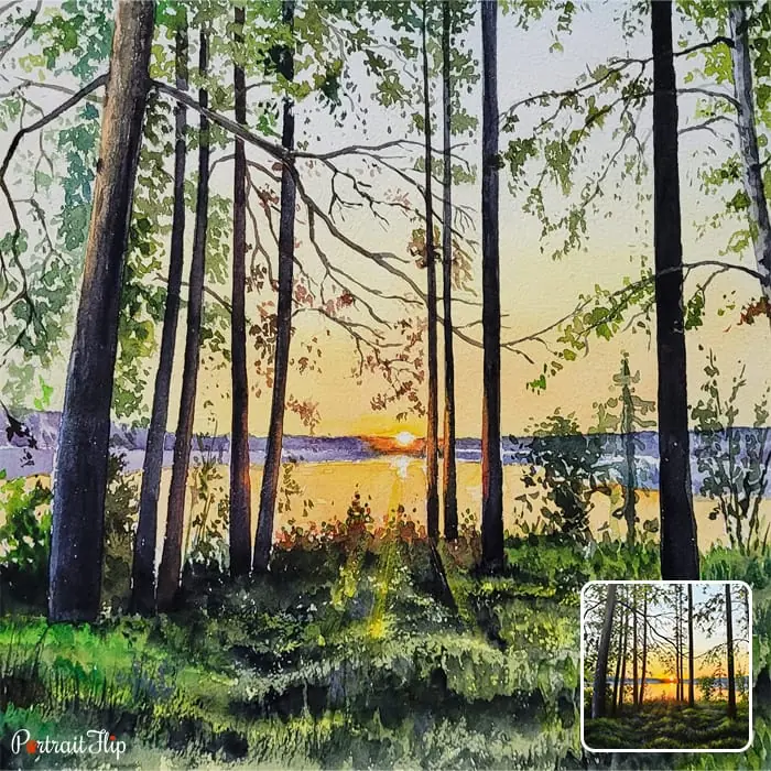 Landscape paintings of a forest area with tall trees and sunset view in between