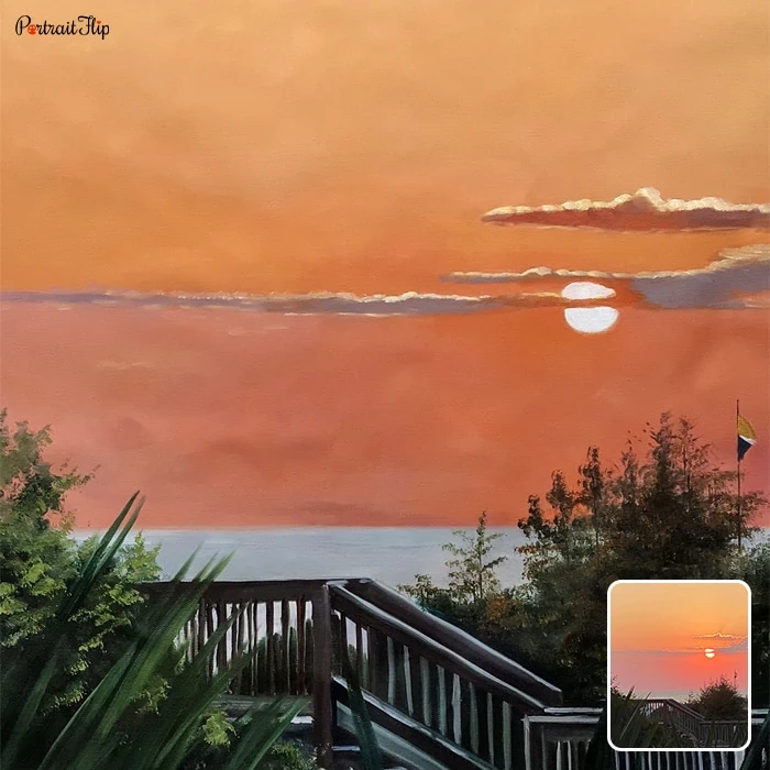 Picture from a terrace with a sunset view that is converted into landscape paintings