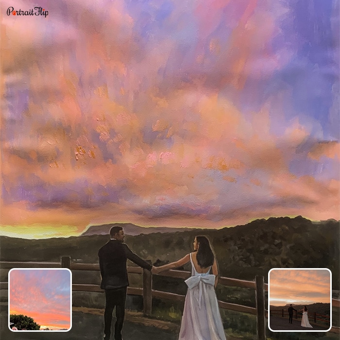 Landscape paintings where a couple is standing near a fence with colorful sky above
