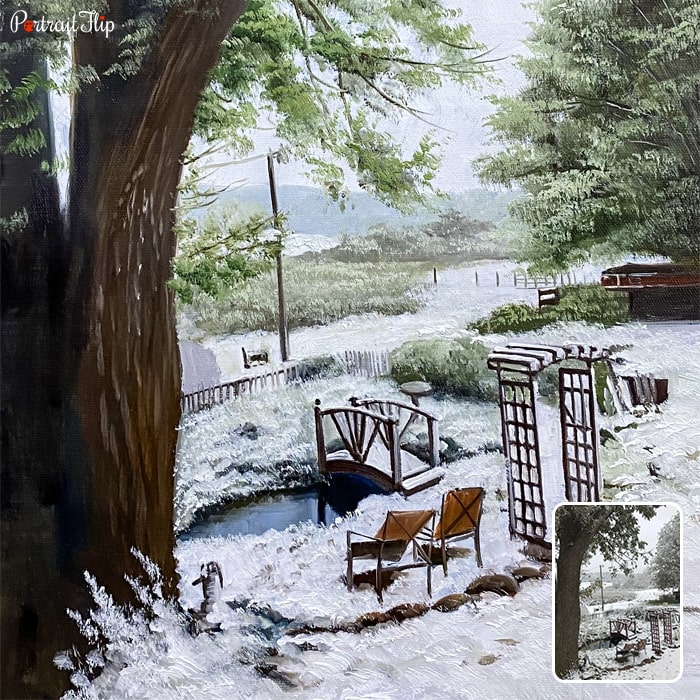 Landscape paintings which show a sitting area covered with snow all over the place