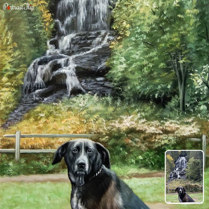 Picture of a dog sitting in a background with waterfall is converted into landscape paintings