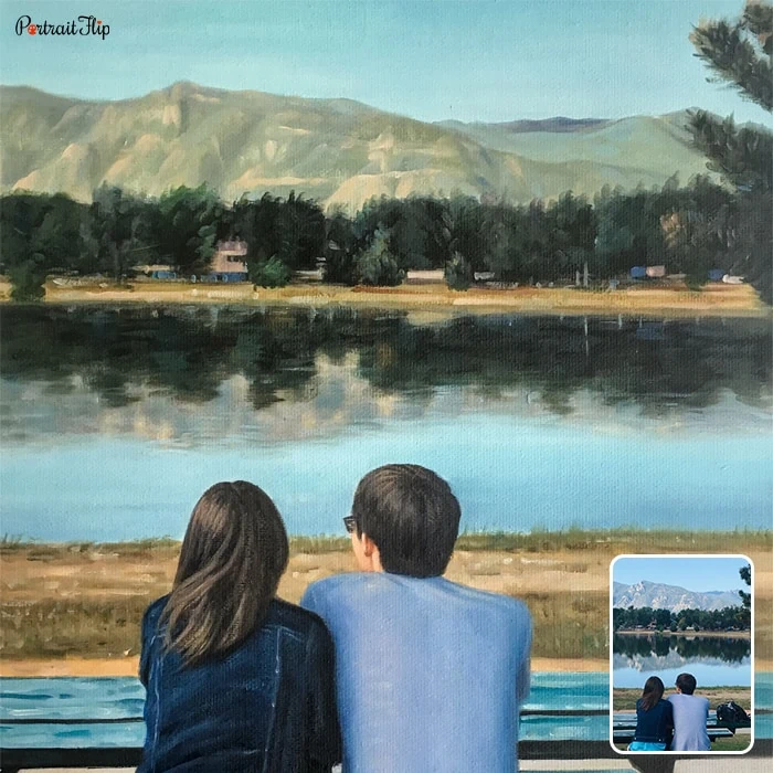 Picture of a couple facing towards a lake view with mountains in the far distance is converted into landscape paintings