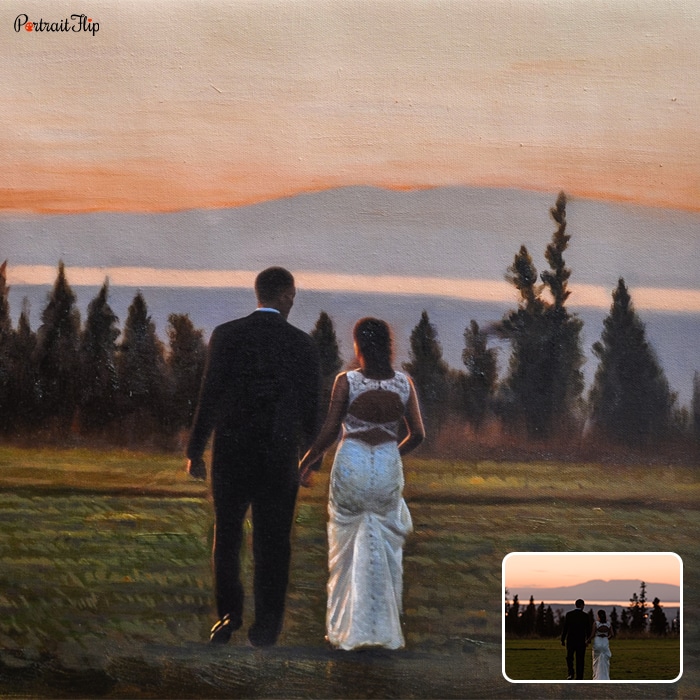 Picture of a man and a woman walking towards a forest area is converted into landscape paintings