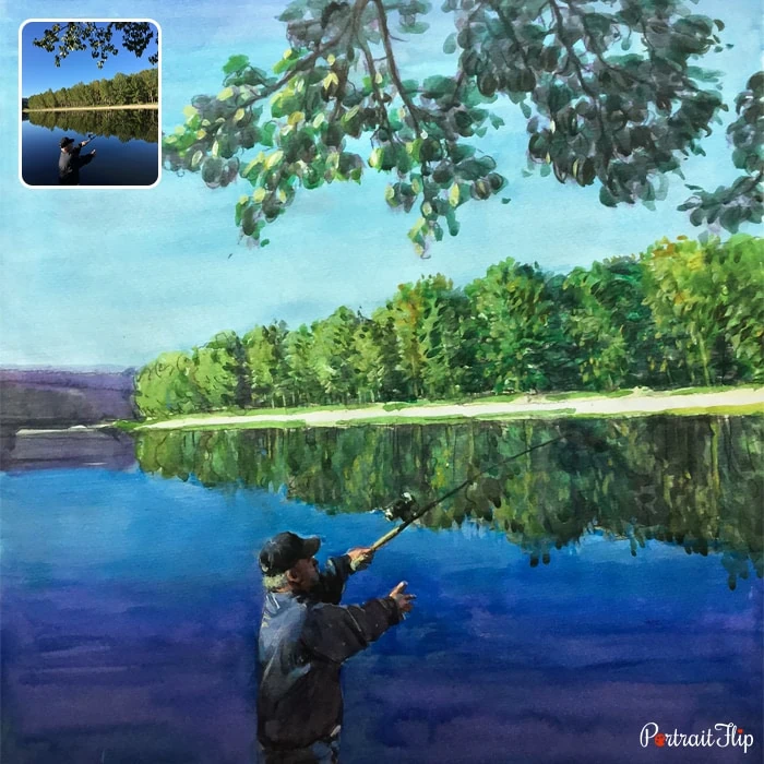Picture of a man fishing near a lake with trees across it is converted into landscape paintings