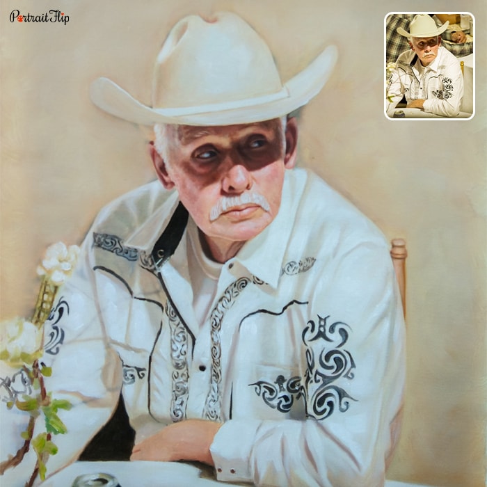 Picture of an old man sitting in a white outfit with a big white cowboy hat above his head is converted into memorial portraits