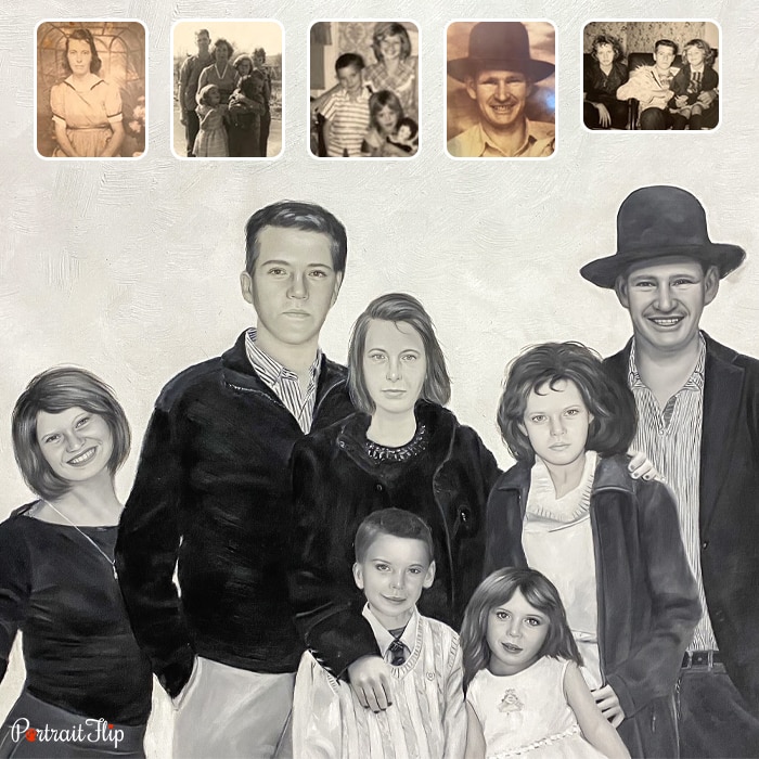 Compilation of memorial portraits In the right hand, a man is standing with a hat on his head, beside her, there is a girl with a woman and a young boy and girl in front, and beside the woman, there is a man along with a teenage girl in the left corner
