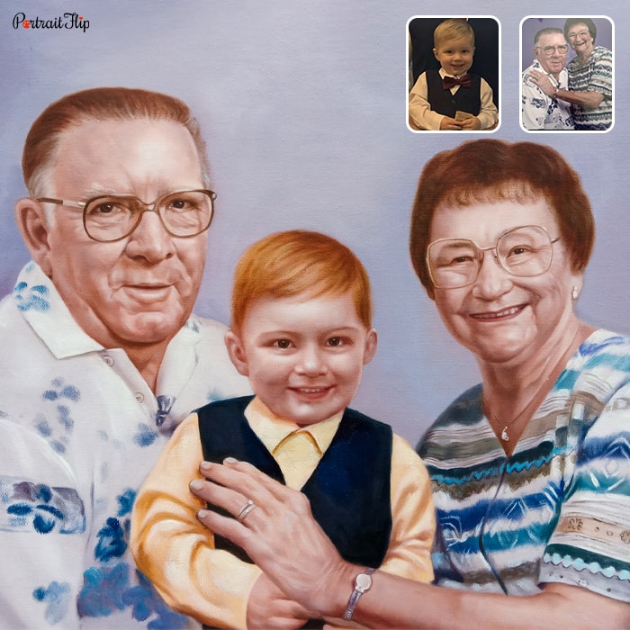 Compilation picture where a baby boy is placed between an old man and woman, which is converted into memorial portraits