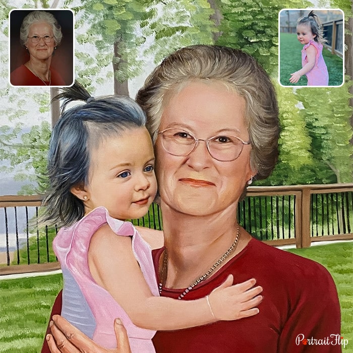 Memorial portraits of an old woman holding a baby girl in her arms standing in a background with garden view