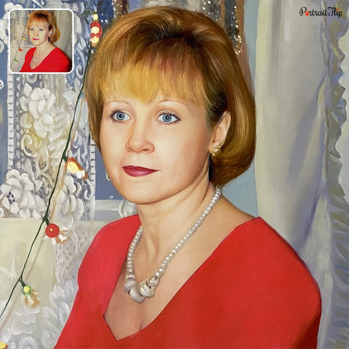 Picture of a woman sitting in a red dress with a pearl necklace is converted into memorial portraits