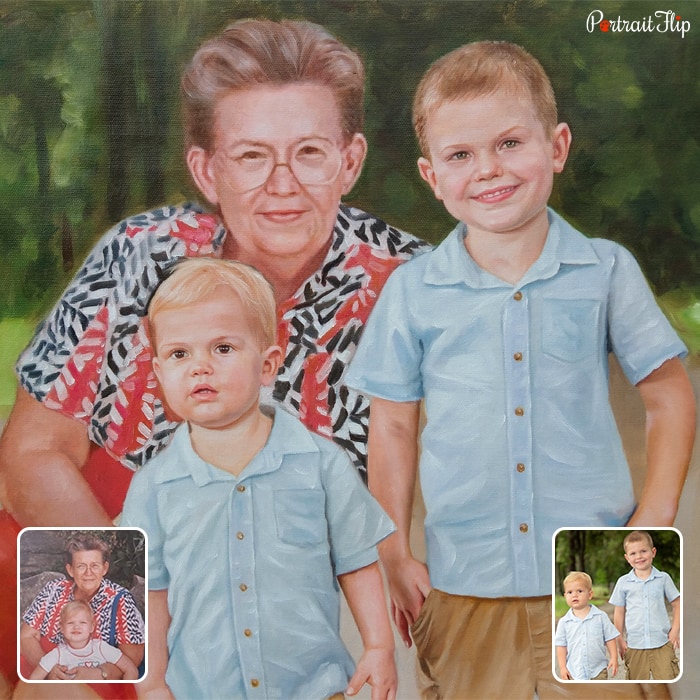 Memorial portraits of an old woman sitting behind two young boys