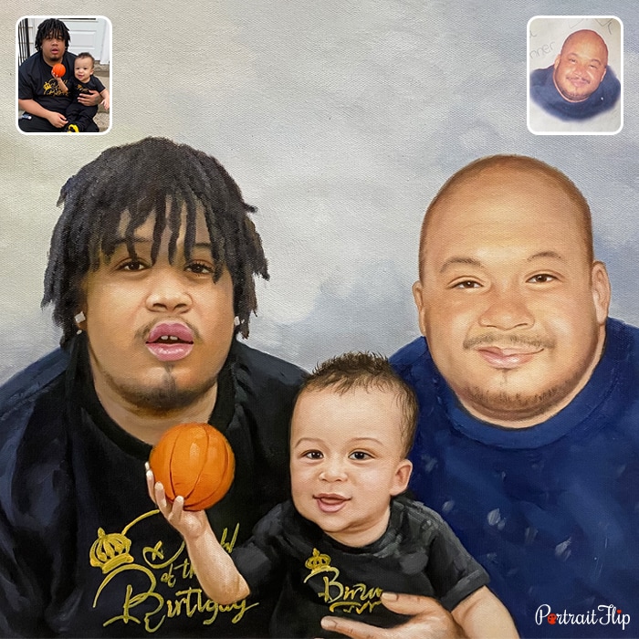 Compilation picture where a baby boy with a ball in his hands is placed between two men is converted into oil memorial portraits