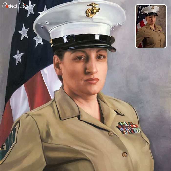 Memorial portraits of a woman wearing a officer’s uniform with a glimpse of the United States flag behind her