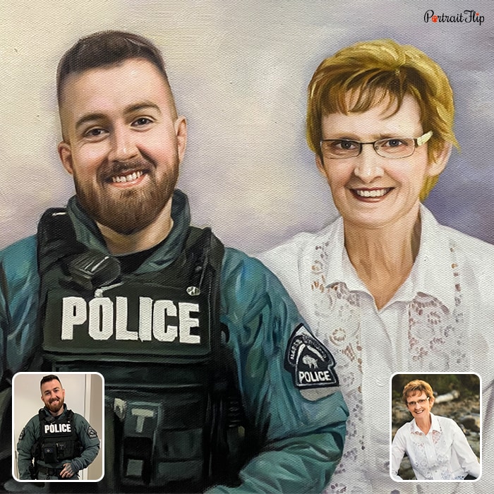 Memorial portraits where a man wearing a police uniform is placed next to an old woman