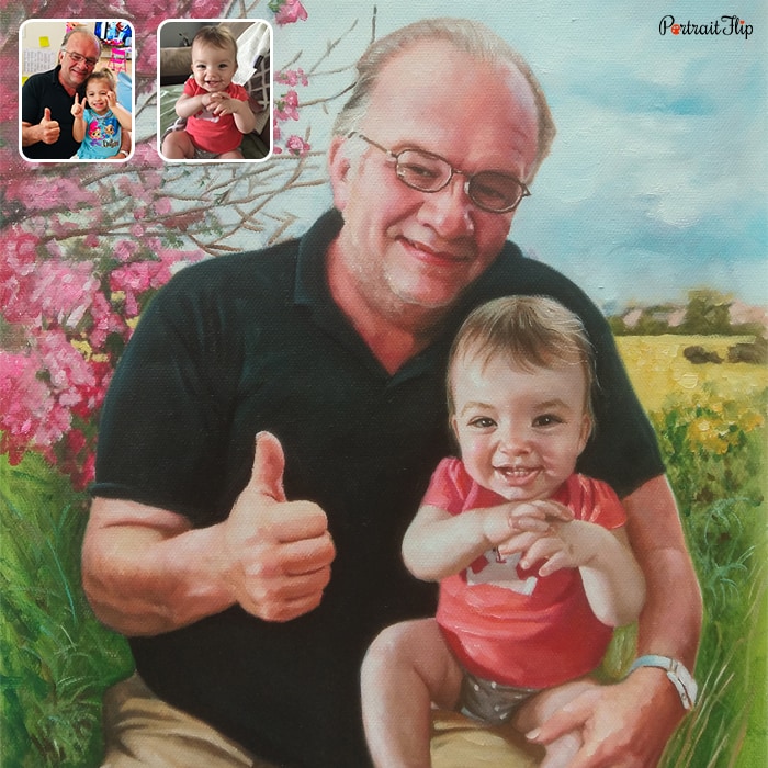 Picture of an old man sitting in a garden background with a baby boy in his lap is a memorial portraits
