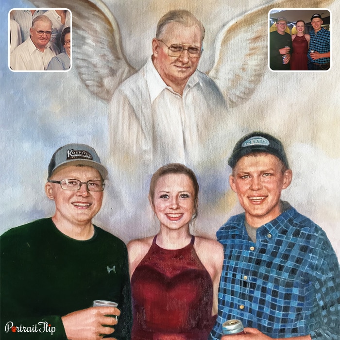 Compilation of pictures where an old man with white wings behind his back is placed above two men and a woman standing between them is converted into memorial portraits