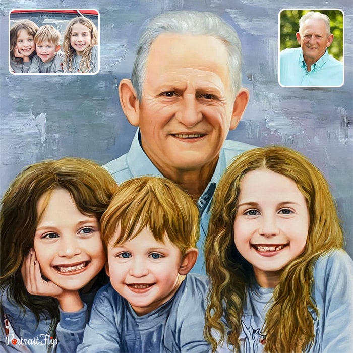 Picture of an old man sitting behind two young girls and a boy in between is converted into merged portraits