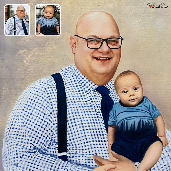 Merged portraits where a bald man is holding a baby in his arms