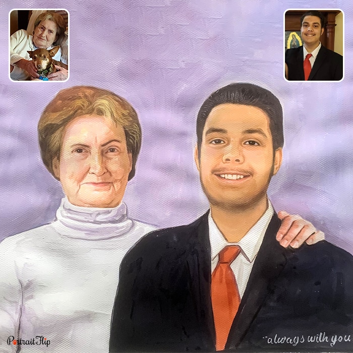 Picture of an old woman and a teenage boy placed on a purple background that is converted into merged portraits