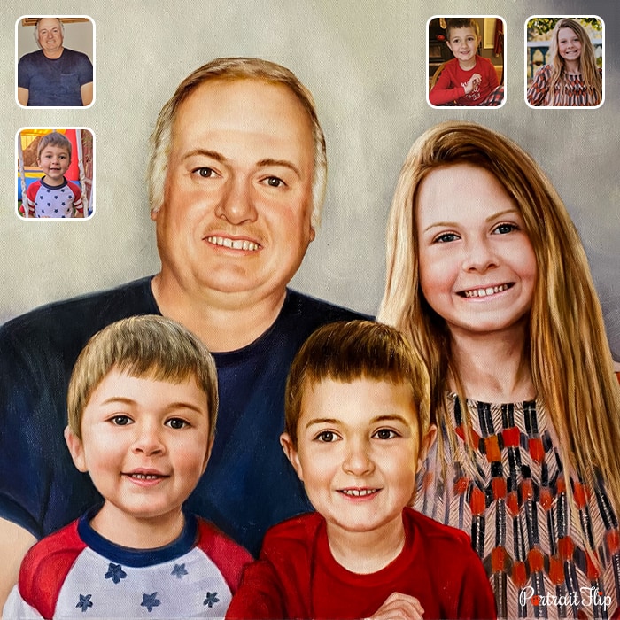 Merged portraits where a man is placed behind two young boys and a girl beside him