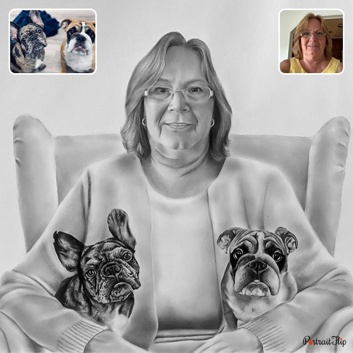 Merged portraits where a woman is sitting on sofa with two dogs on her each lap around her arms