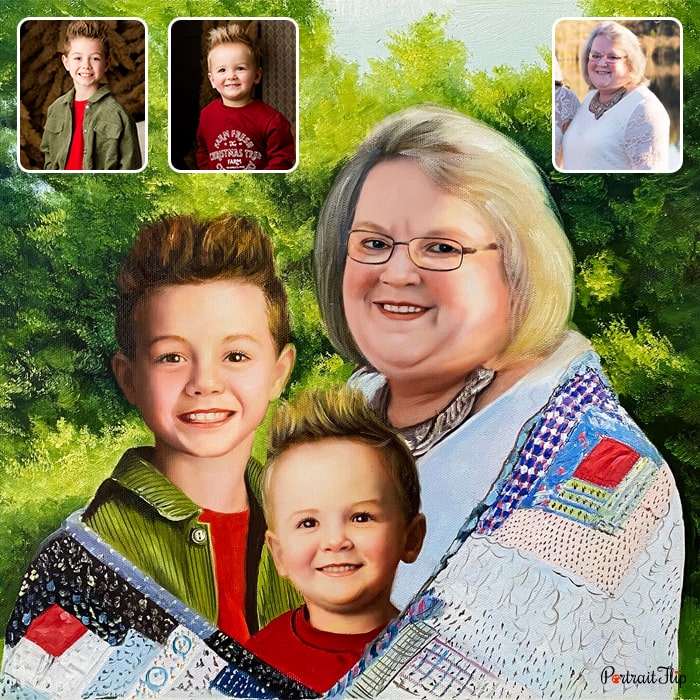 Merged portraits of an old woman with two young boys who are covered with same scarf in a background surrounded by trees