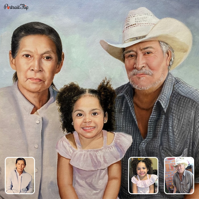 Merged portraits of a young girl who is placed between an old man and woman
