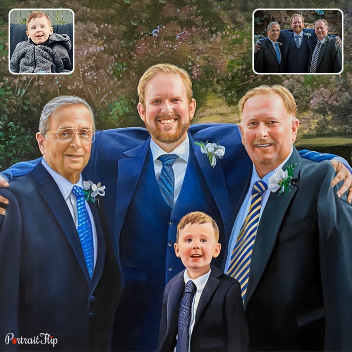 Merged portraits where a man is standing with his arms on two old men’s shoulders with a young boy standing between them