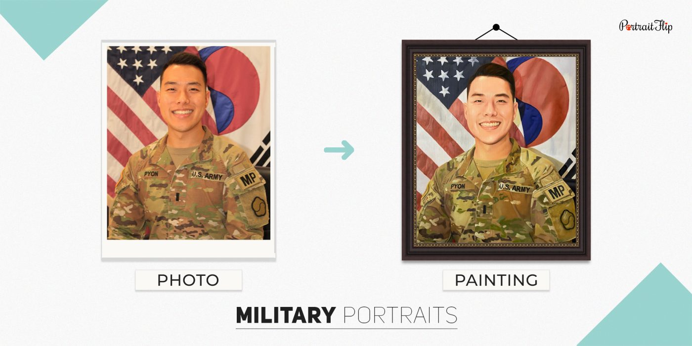 Picture of a man in army uniform that is converted into military portraits