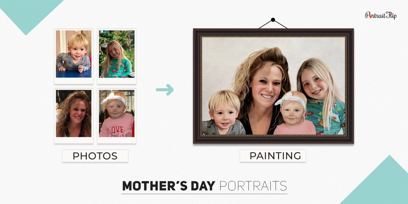 Compilation picture of Mother’s day paintings where a woman is placed with a young girl a baby boy and a baby girl