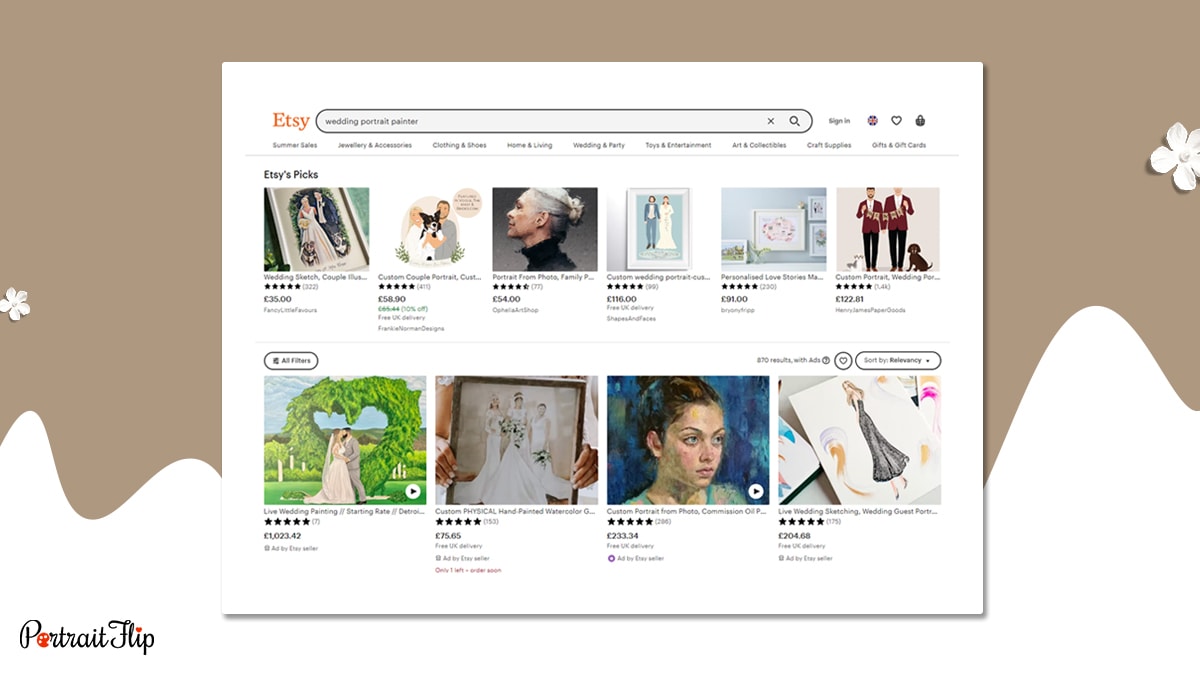 The page of Etsy website when searched wedding portrait painter