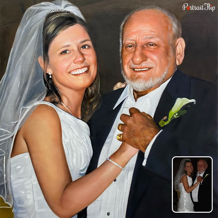 Acrylic painting of a bride standing close to an old man with her one hand on his chest