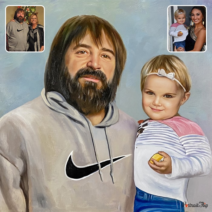 Oil painting where a man is holding a baby girl in his arms