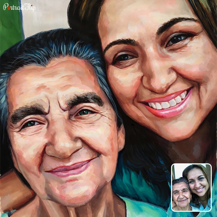Watercolor portrait where an old woman and a young lady is next to each other